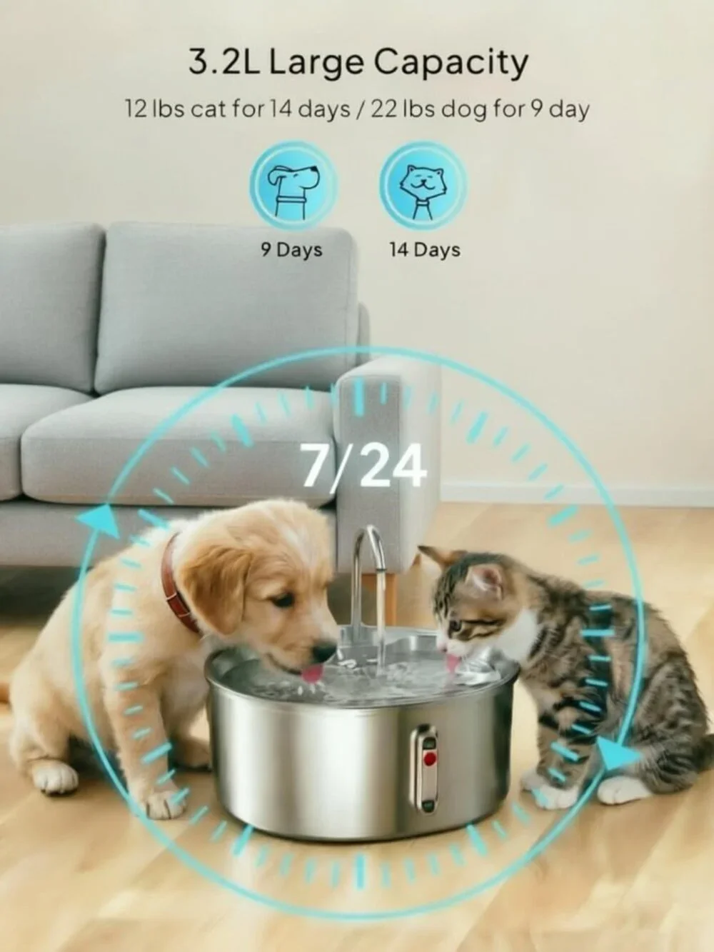 Automatic Stainless Steel Cat Water Fountain 3.2L, Ultra-Quiet Pet Dispenser